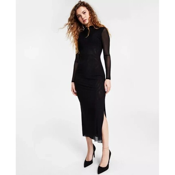 Bar III Women's Mock-Neck Side-Slit Mesh Long Sleeves Midi Dress Black Small - Picture 1 of 8